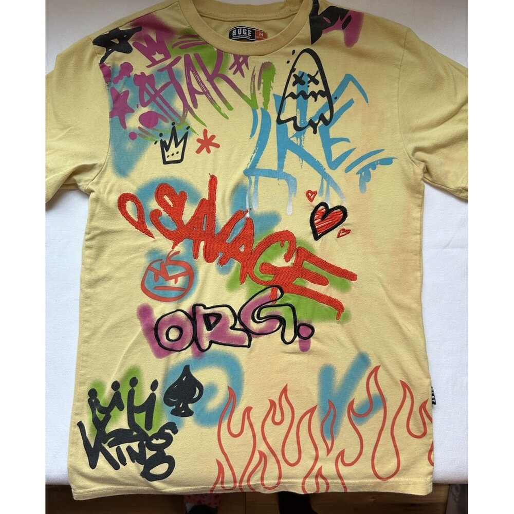 HUGE Fashion exchange Yellow Graffiti Tee T-shirt Size Medium Street Hip Hop